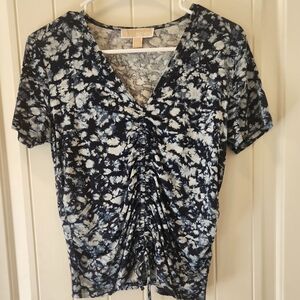 Michael Kors Navy and White Ruched Tie-Dye Top, Size P/S